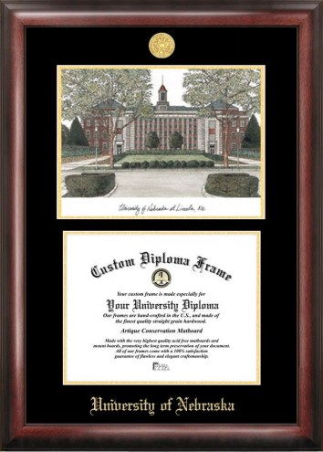 Nebraska Cornhuskers Gold Embossed Diploma Frame with Campus Images Lithograph