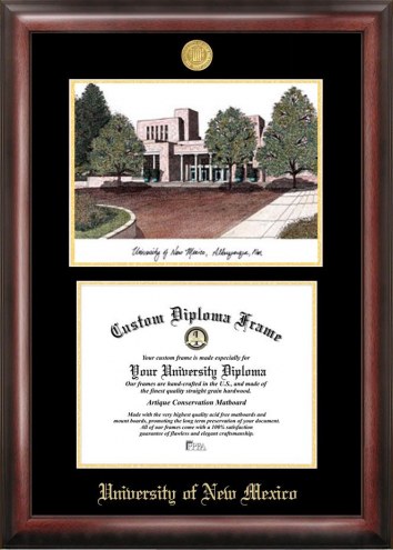 New Mexico Lobos Gold Embossed Diploma Frame with Campus Images Lithograph