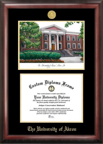 Akron Zips Gold Embossed Diploma Frame with Campus Images Lithograph