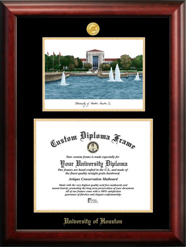 Houston Cougars Gold Embossed Diploma Frame with Campus Images Lithograph