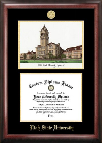 Utah State Aggies Gold Embossed Diploma Frame with Campus Images Lithograph