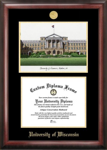 Wisconsin Badgers Gold Embossed Diploma Frame with Campus Images Lithograph