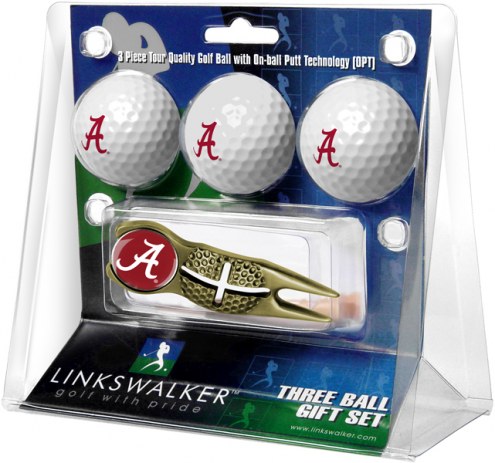 Alabama Crimson Tide Gold Crosshair Divot Tool & 3 Golf Ball Gift Pack