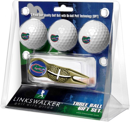 Florida Gators Gold Crosshair Divot Tool & 3 Golf Ball Gift Pack