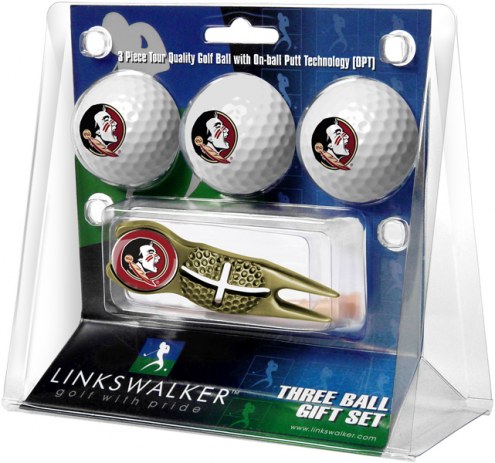 Florida State Seminoles Gold Crosshair Divot Tool & 3 Golf Ball Gift Pack