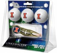 Illinois Fighting Illini Gold Crosshair Divot Tool & 3 Golf Ball Gift Pack