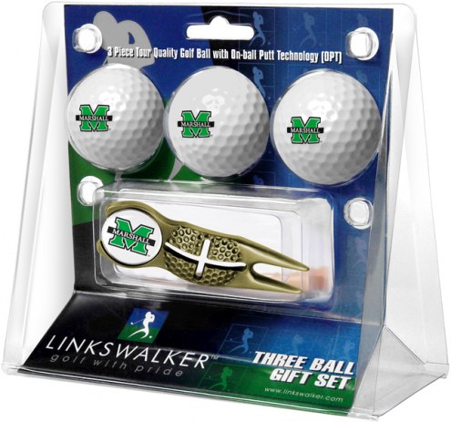Marshall Thundering Herd Gold Crosshair Divot Tool & 3 Golf Ball Gift Pack