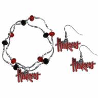 Nebraska Cornhuskers Dangle Earrings & Crystal Bead Bracelet Set