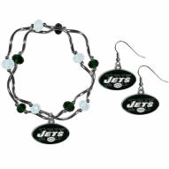 New York Jets Dangle Earrings & Crystal Bead Bracelet Set