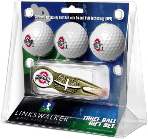 Ohio State Buckeyes Gold Crosshair Divot Tool & 3 Golf Ball Gift Pack