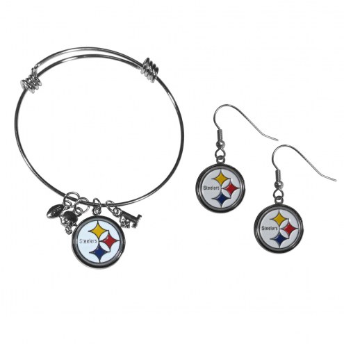 Pittsburgh Steelers Dangle Earrings & Charm Bangle Bracelet Set