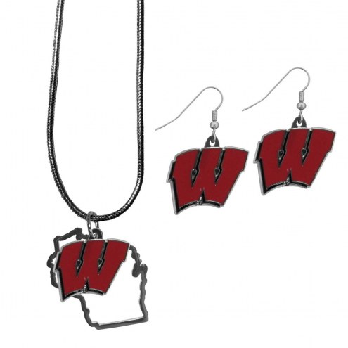 Wisconsin Badgers Dangle Earrings & State Necklace Set